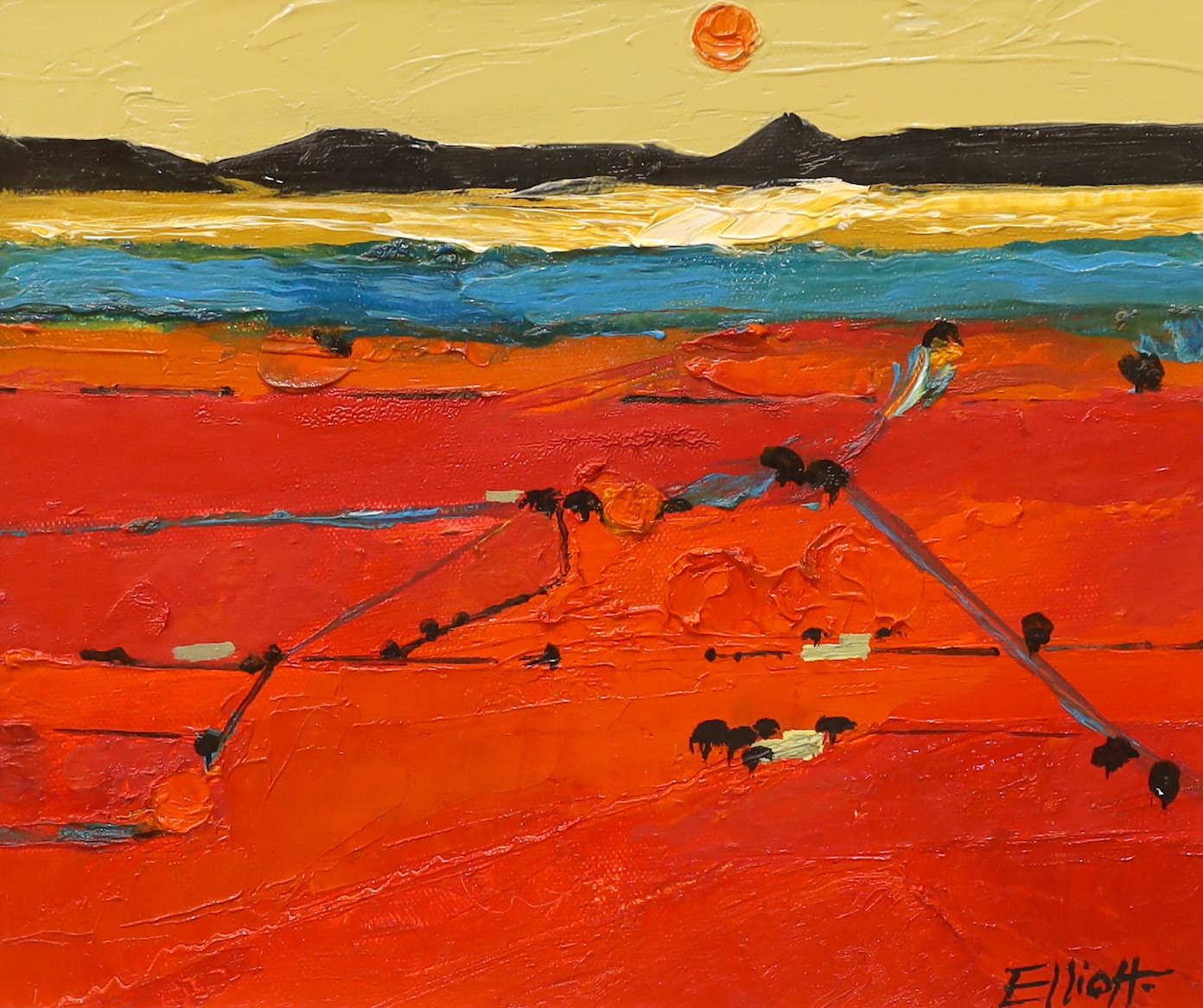 Robin Alexander Elliott (b.1936), impasto oil on canvas, Spanish landscape, ‘The Road to Salamanca’, signed, inscribed verso, 24 x 29cm